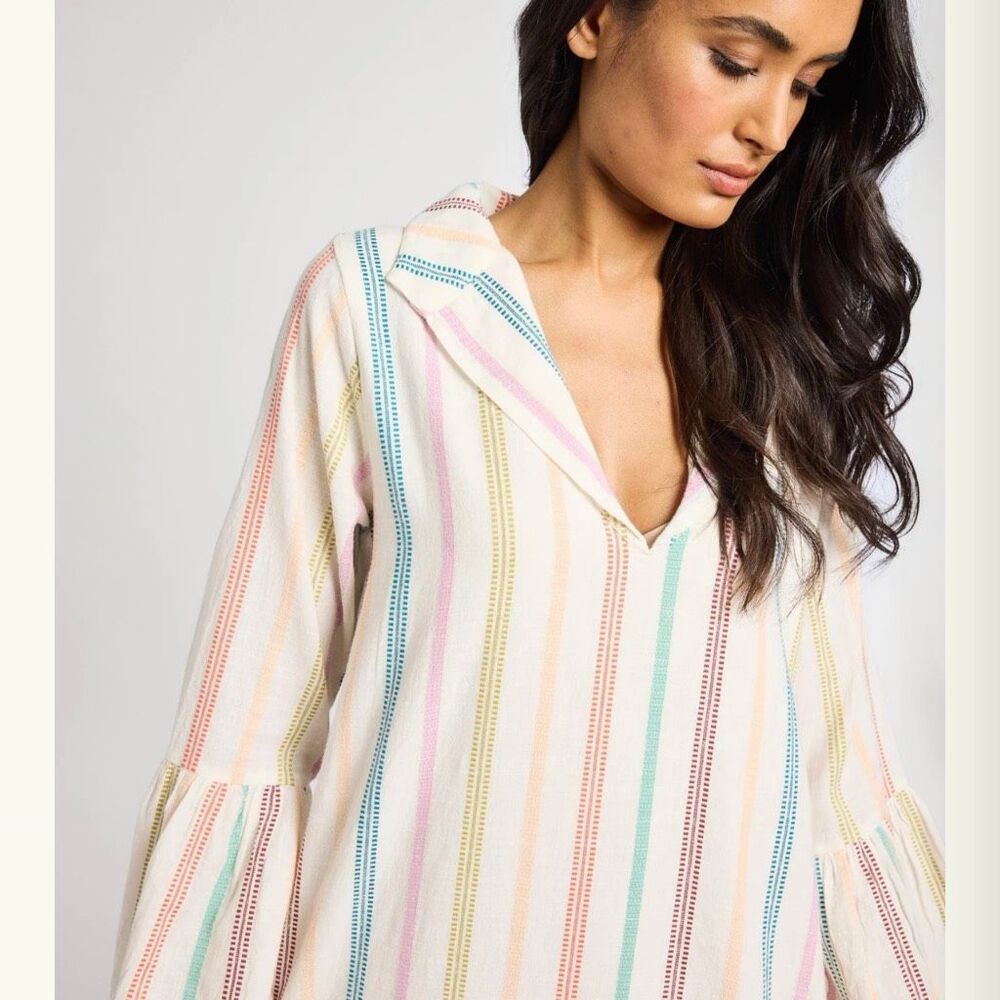 MILLE Jacqueline Striped Maxi Dress Size Small Bell Sleeve Embroidered Cotton - Picture 2 of 15